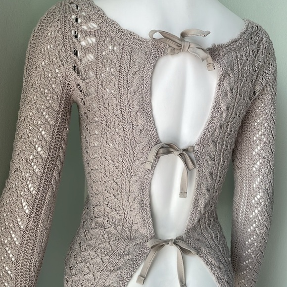 Free People Size Small Tie Back Sweater Ivory Pointelle Bow - Picture 4 of 8